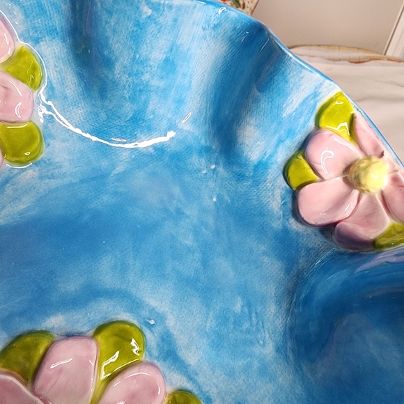 Handmade Ceramic Dish Glazed Blue with Pink Flowers 7" Unique Wavy Edge Bowl - Picture 4 of 14
